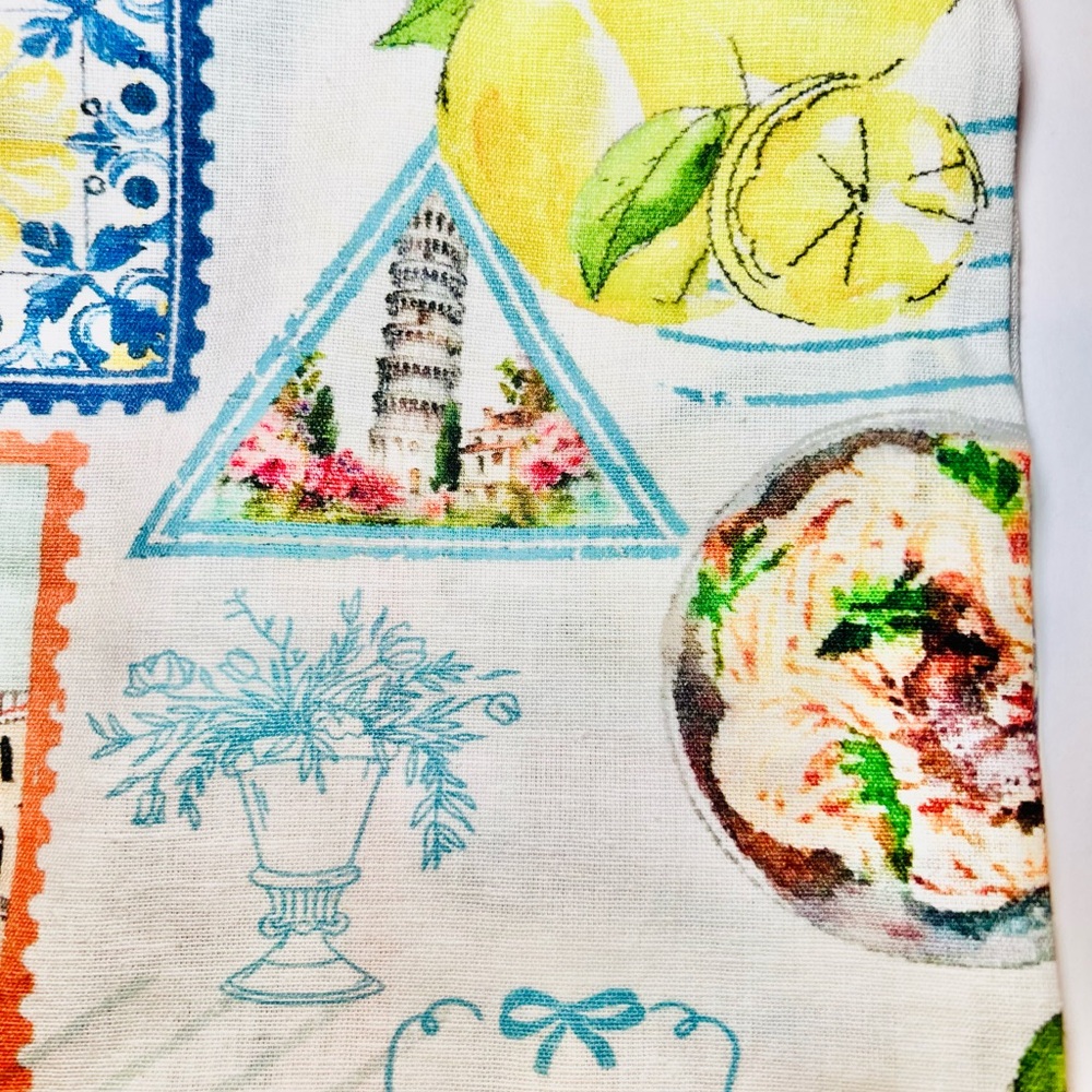 2 Italian Theme Kitchen Tea Towels Lemons Amalfi Coast Landmarks Food Postmarks - Picture 2 of 12